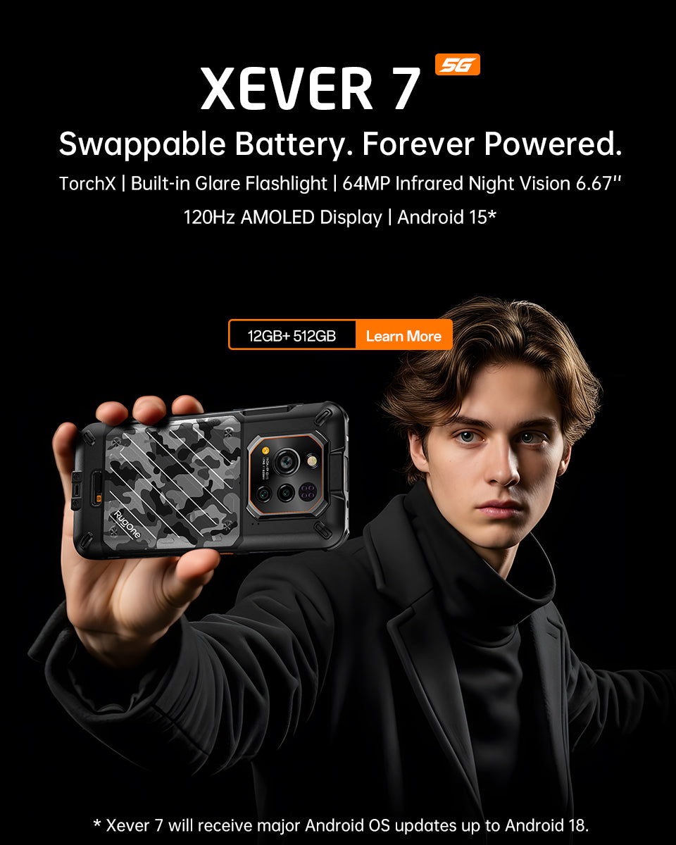 RugOne Xever 7 rugged phone banner – waterproof, dustproof, and removable battery design