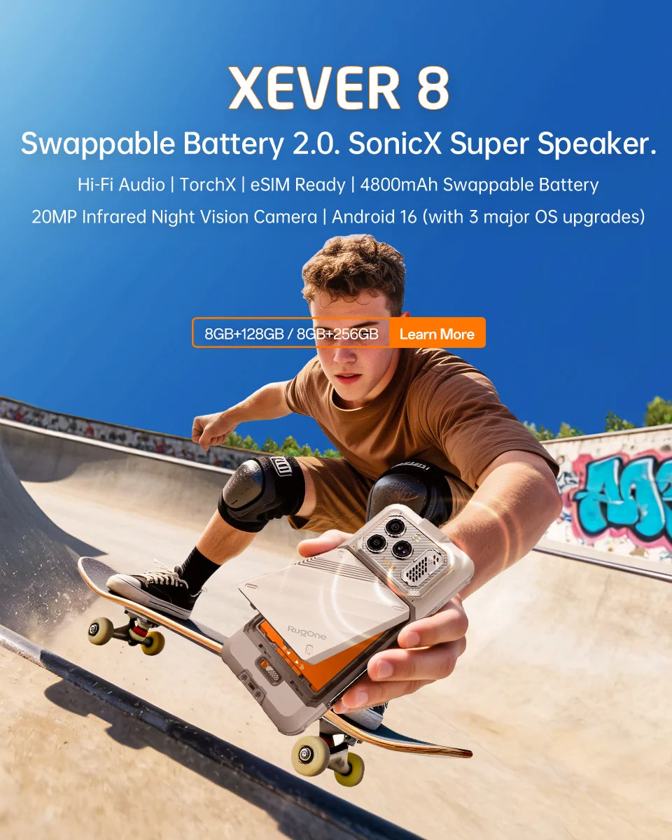 RugOne XEVER 8 rugged phone featuring 20MP night vision camera and 4800mAh swappable battery.