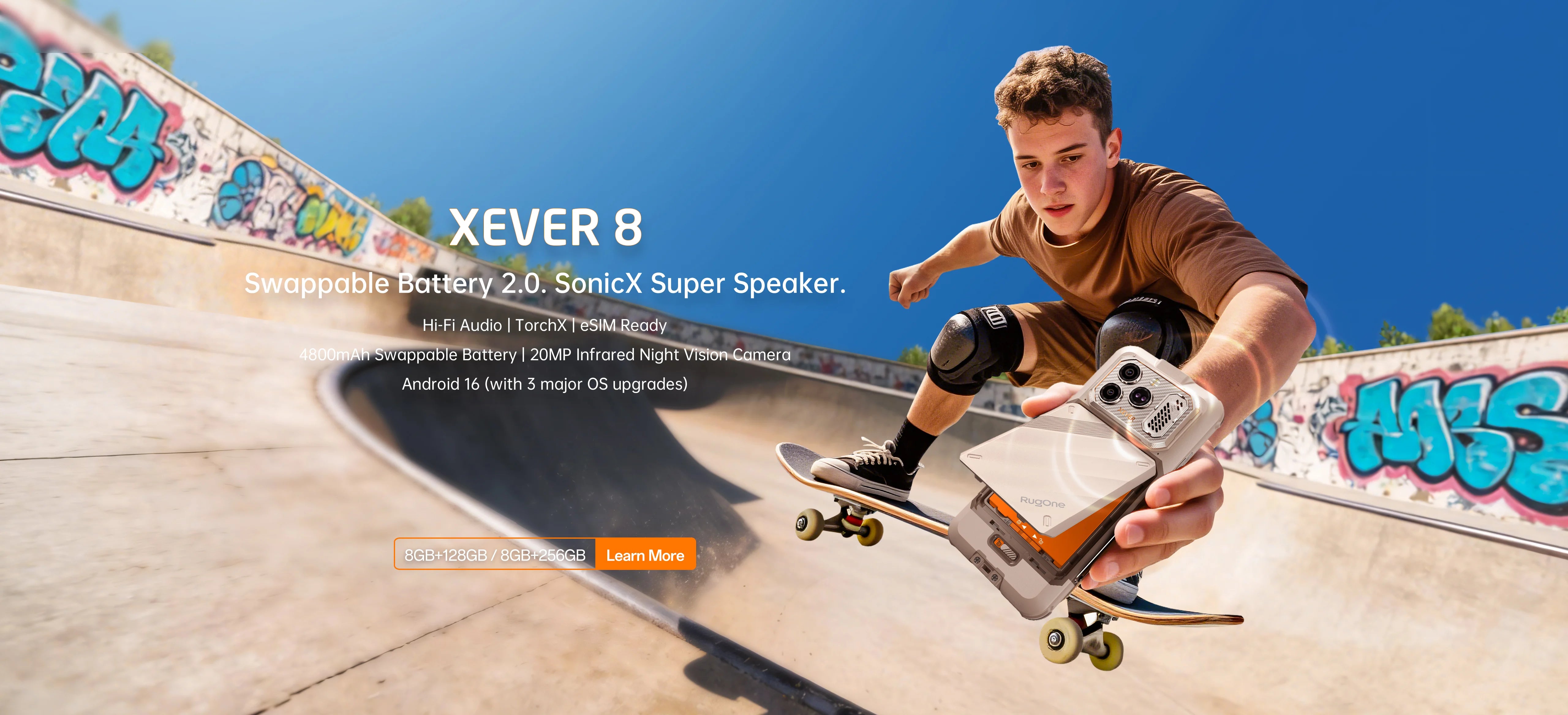 RugOne XEVER 8 rugged smartphone with Swappable Battery 2.0 and SonicX Super Speaker, held by a skateboarder.